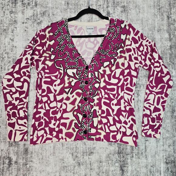 Chicos Cardigan Sweater Womens Size 1 Pink White Sequin Beaded Silk Blend V Neck - Picture 1 of 11